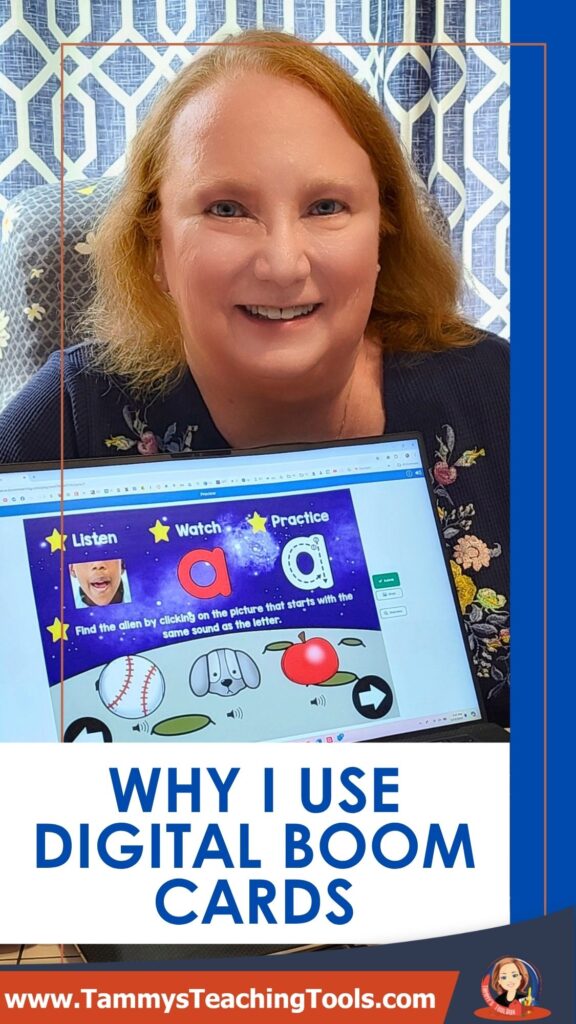 teacher with a computer using digitral task card activity for kids