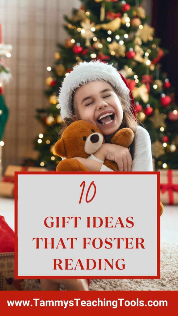 Child holding stuffed bear with title gift ideas that foster reading