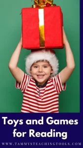 child holding gift with subtitle, Toys and Games for Reading Holiday gifts for kids