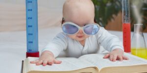 baby with book reading
