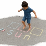kid jumping in phonics sound boxes