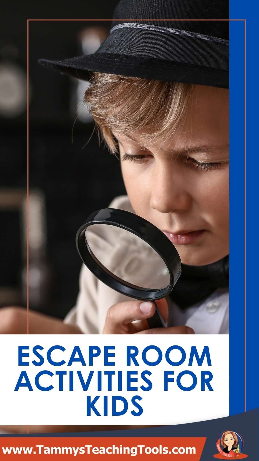 Title Escape room activities for kids with photo of a child with a magnifying glass