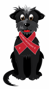 Dusty the Dog with a red ribbon for dyslexia awareness month